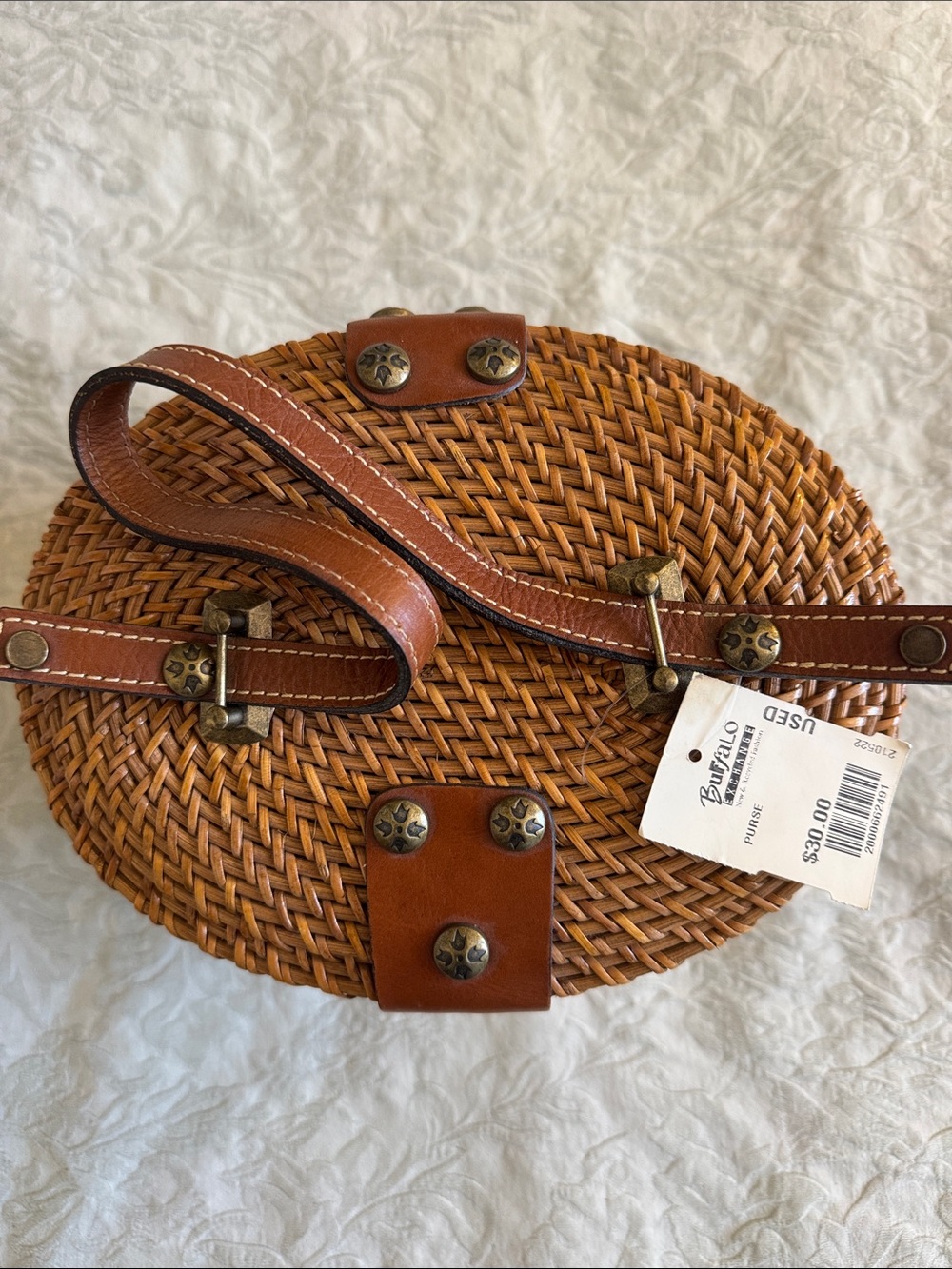 Patricia Nash Brown Woven Round Mini Italian Leather Crossbody Bag - Picture 4 of 16